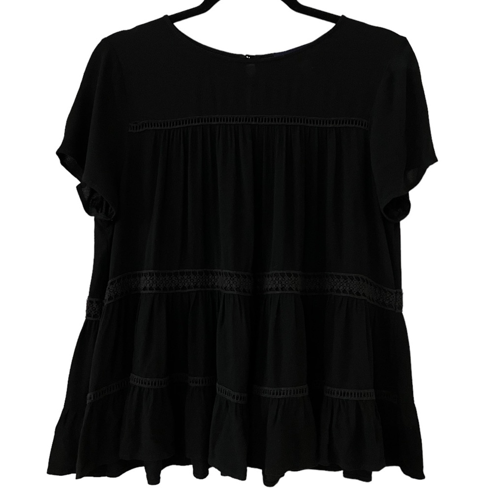 Blue Rain Black Flowy Tiered w/ Lace Accents Short Sleeve Blouse